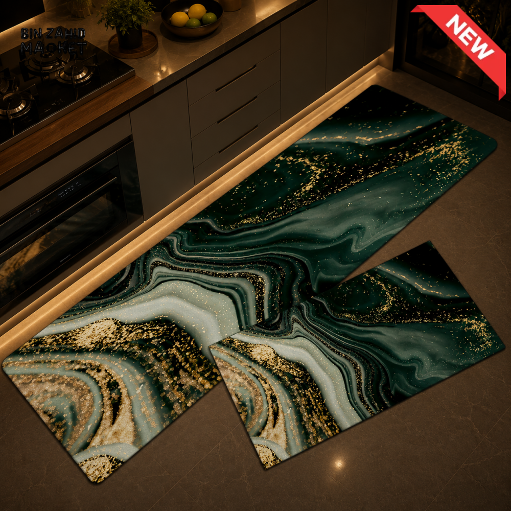 MATRUGS LUXURY MARBLE KITCHEN FLOOR MAT SET – GREEN & GOLD - MEDIUM - 4 Length / 1.25 Ft
