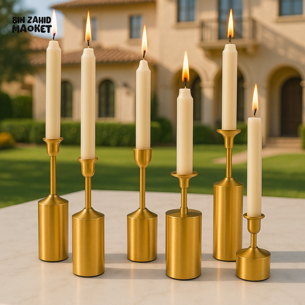 METAL GOLDEN CANDLE HOLDER 6 PIECES SET – LUXURY DECORATIVE CANDLE STANDS FOR HOME & EVENTS