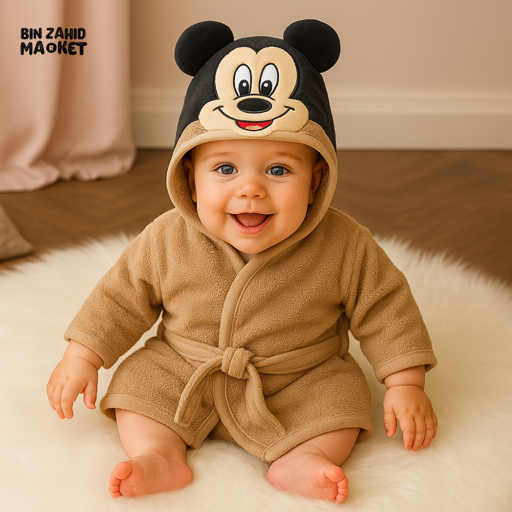 MICKEY MOUSE HOODED BATHROBE FOR 6 MONTHS+ BABY – SOFT COTTON TOWEL ROBE WITH BELT & EARS DESIGN - BROWN MICKEY