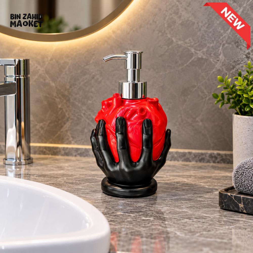 MIMO BLACK HAND RED HEART DESIGN LIQUID SOAP DISPENSER WITH SILVER PUMP