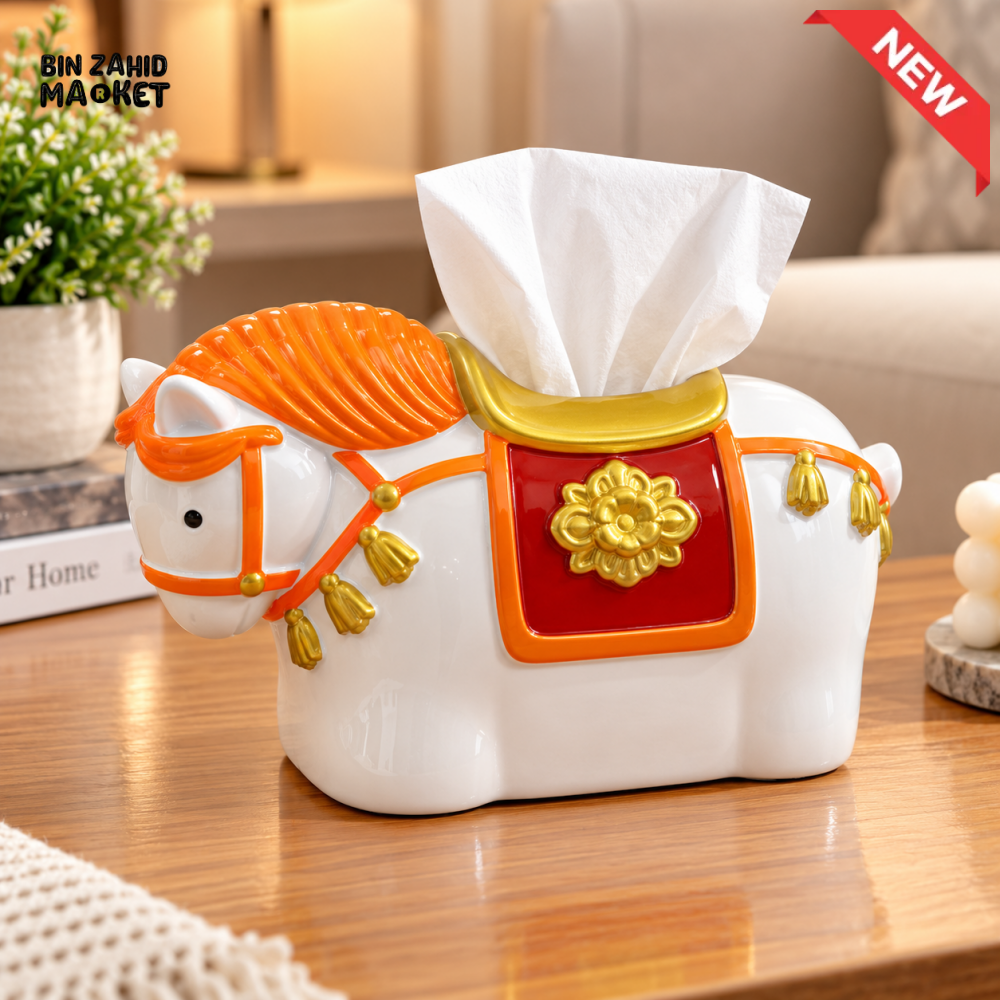 MIMO DECORATIVE HORSE-SHAPED CERAMIC TISSUE BOX HOLDER – WHITE & ORANGE