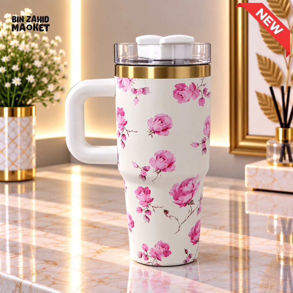 MINI CREAM & PINK ROSE FLORAL STAINLESS STEEL INSULATED TUMBLER WITH HANDLE