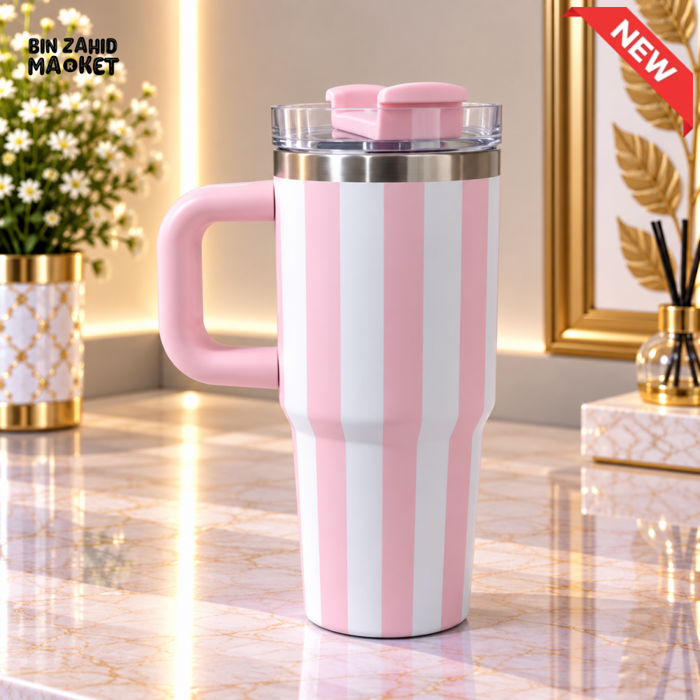 MINI PASTEL PINK & WHITE STRIPED STAINLESS STEEL INSULATED TUMBLER WITH HANDLE