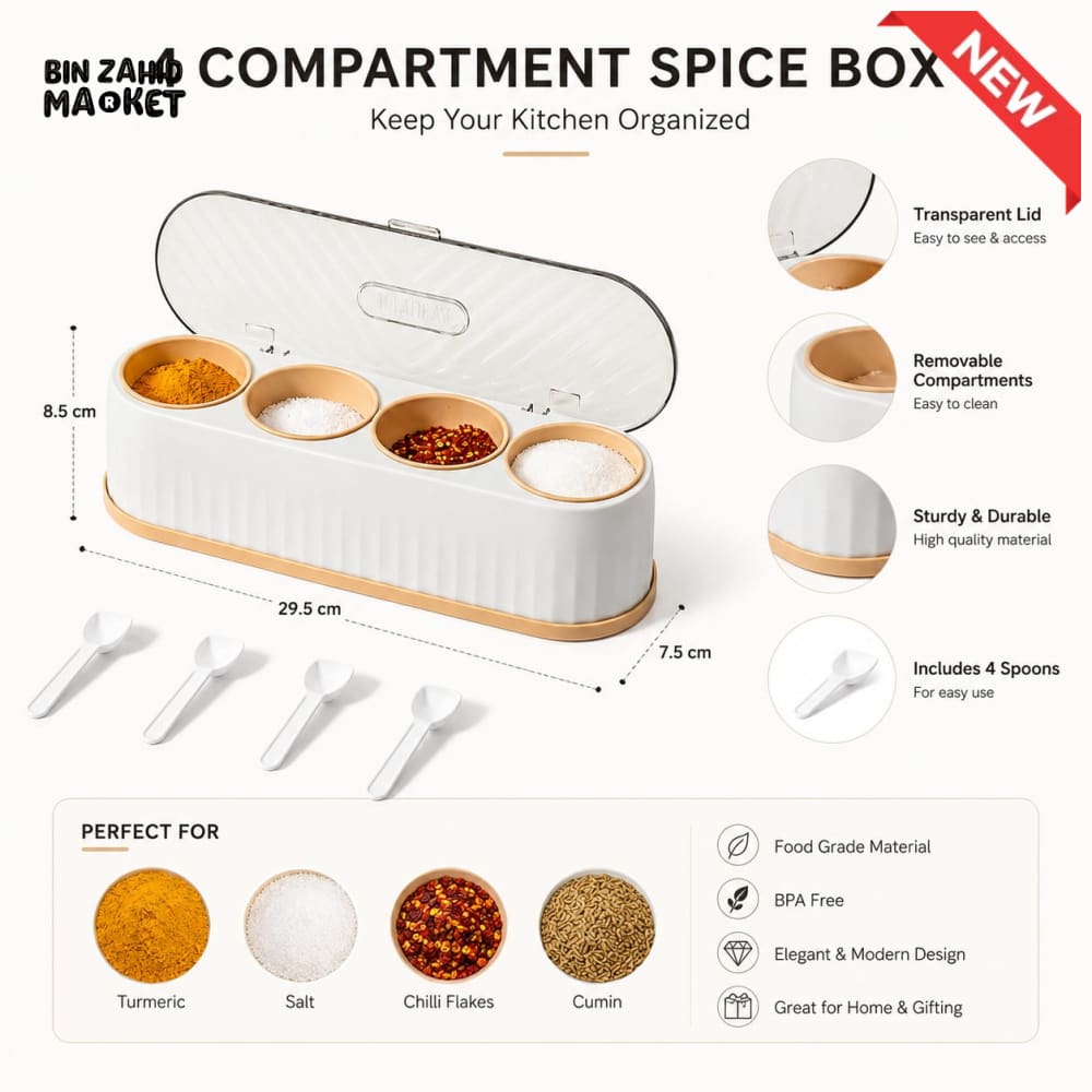 MODERN 4 COMPARTMENT SPICE STORAGE BOX WITH SPOONS