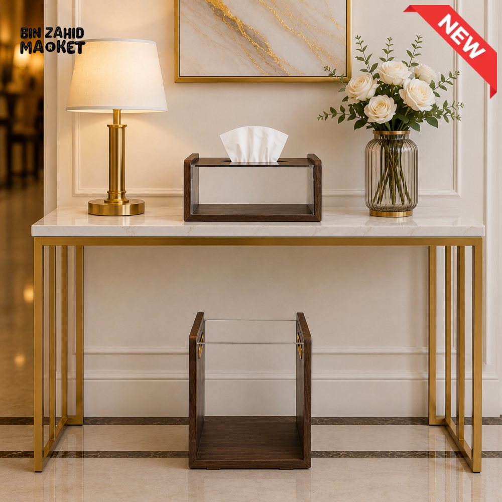 MODERN ACRYLIC & WOODEN TISSUE BOX WITH MATCHING DUSTBIN SET