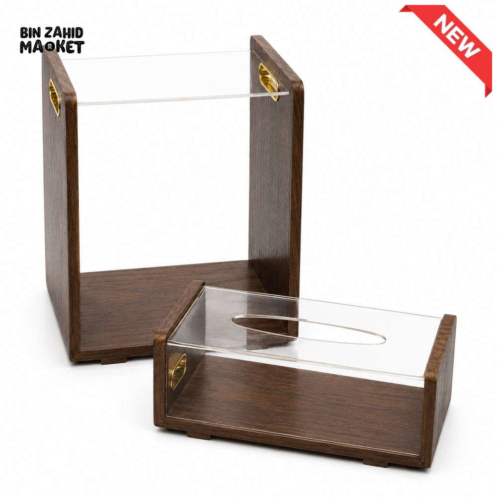 MODERN ACRYLIC & WOODEN TISSUE BOX WITH MATCHING DUSTBIN SET
