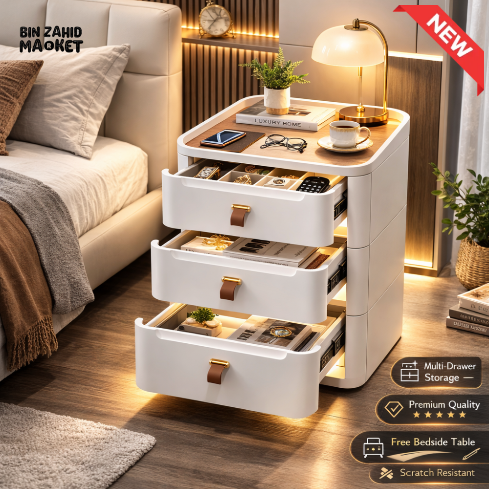MODERN BEDSIDE TABLE WITH MULTIPLE DRAWERS – SPACE-SAVING BEDROOM STORAGE CABINET - 54CM