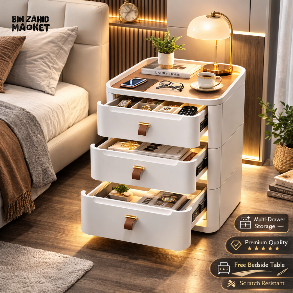 MODERN BEDSIDE TABLE WITH MULTIPLE DRAWERS – SPACE-SAVING BEDROOM STORAGE CABINET - 54CM