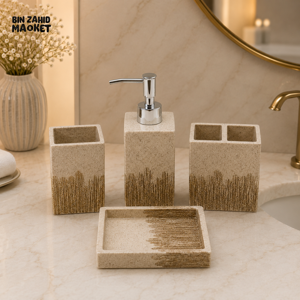 MODERN BEIGE CERAMIC BATHROOM ACCESSORIES SET – 4 PIECES