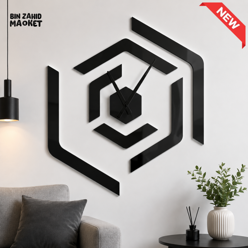 MODERN BLACK GEOMETRIC HEXAGON WALL CLOCK