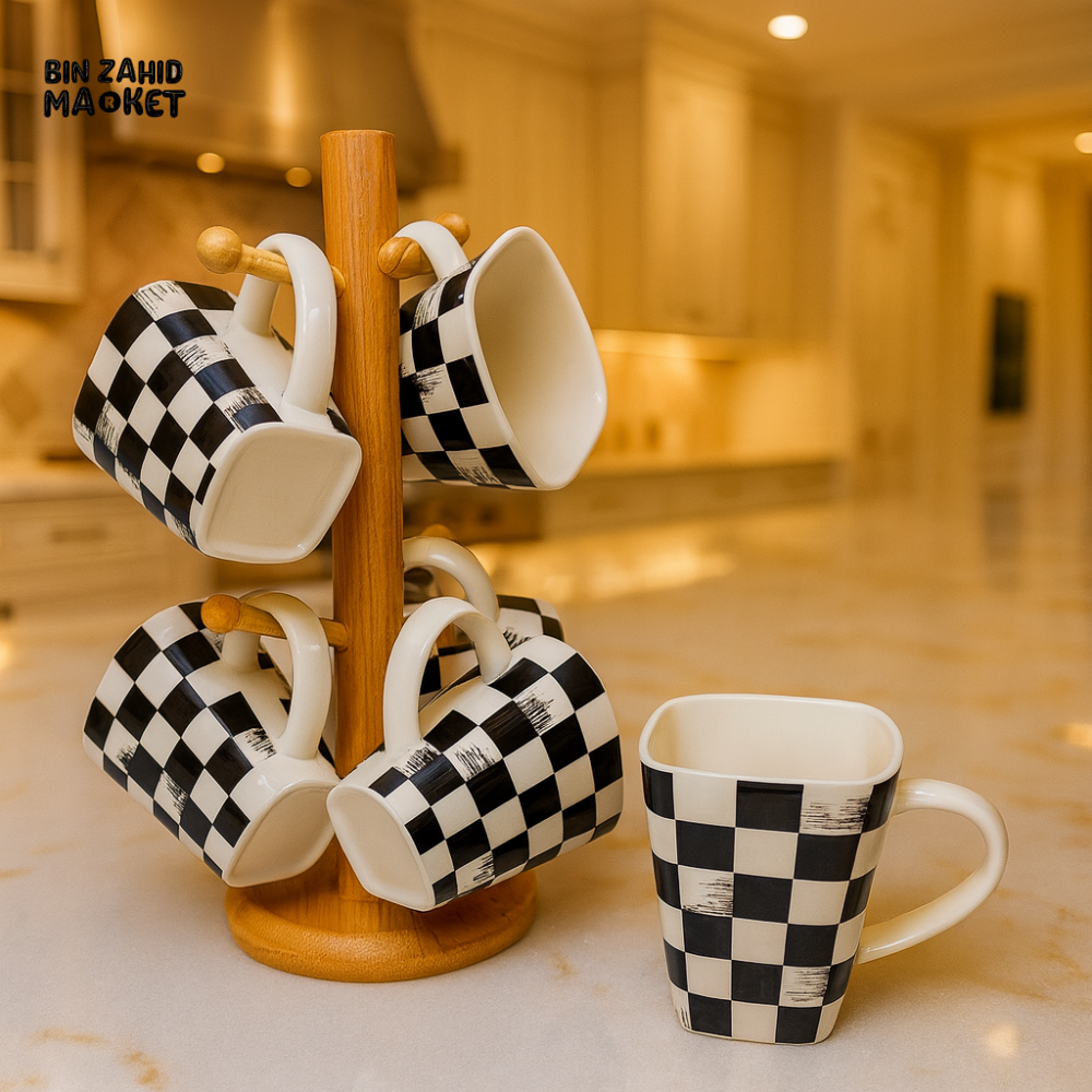 MODERN BLACK-WHITE MUG SET – 6 SQUARE CERAMIC CUPS ON BAMBOO TREE