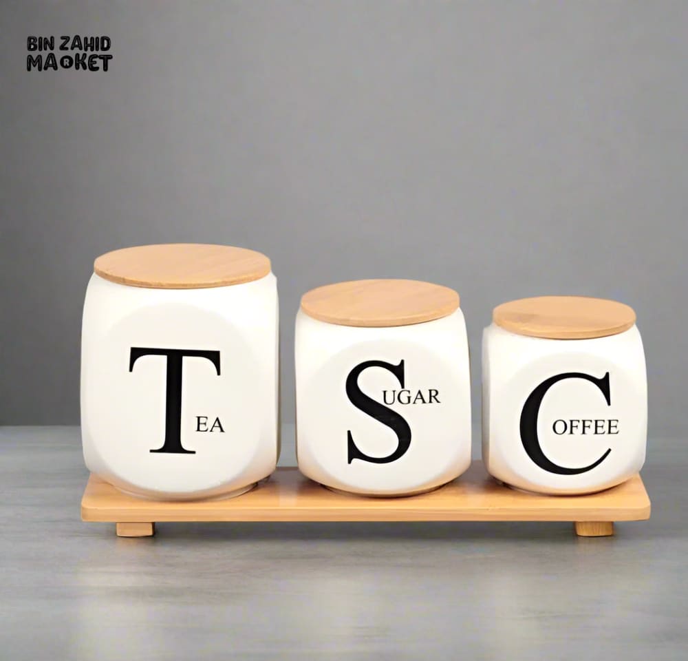 MODERN CERAMIC JAR SET – SUGAR TEA & COFFEE CONTAINERS WITH BAMBOO STAND
