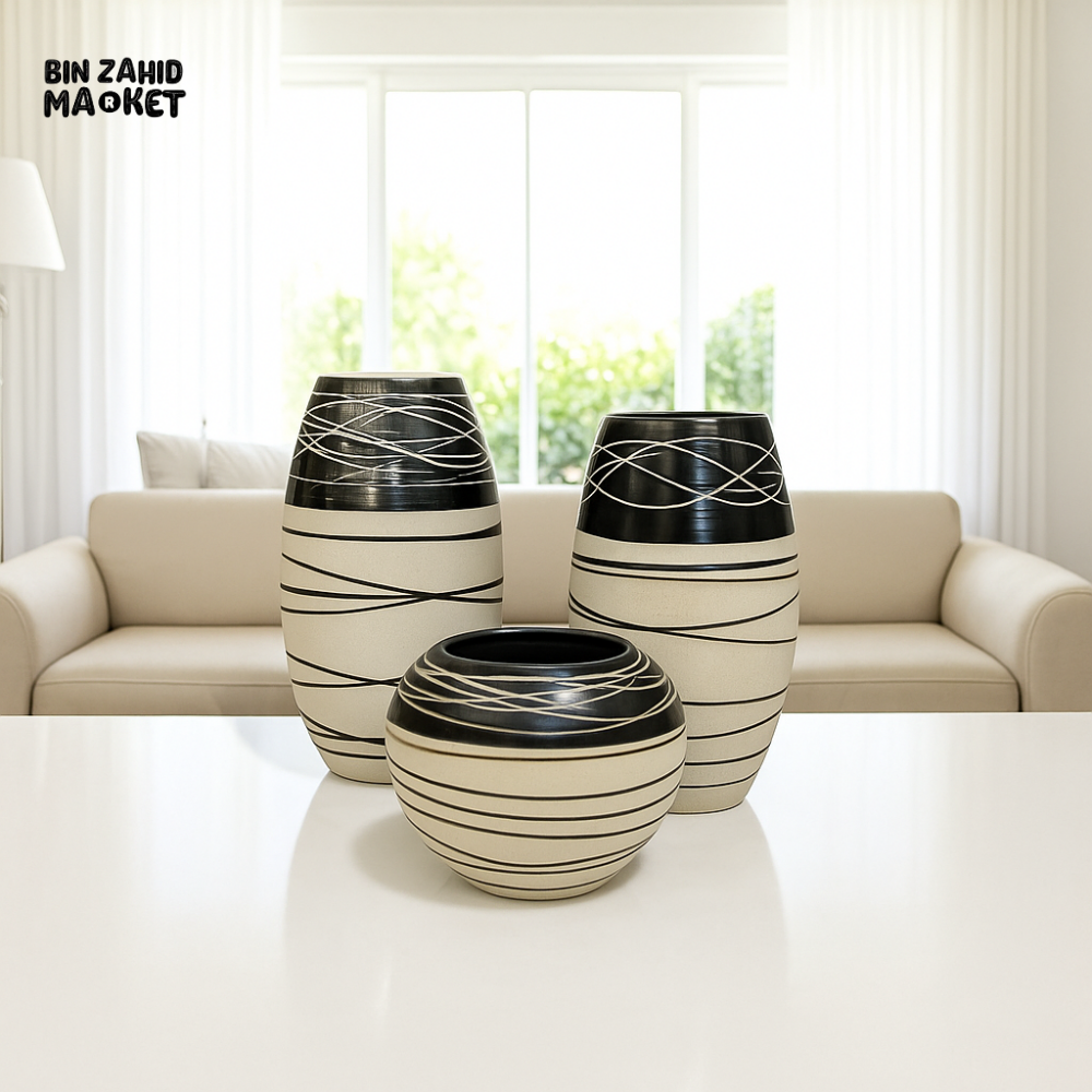 MODERN CERAMIC VASE SET – BLACK & BEIGE ABSTRACT STRIPE DESIGN