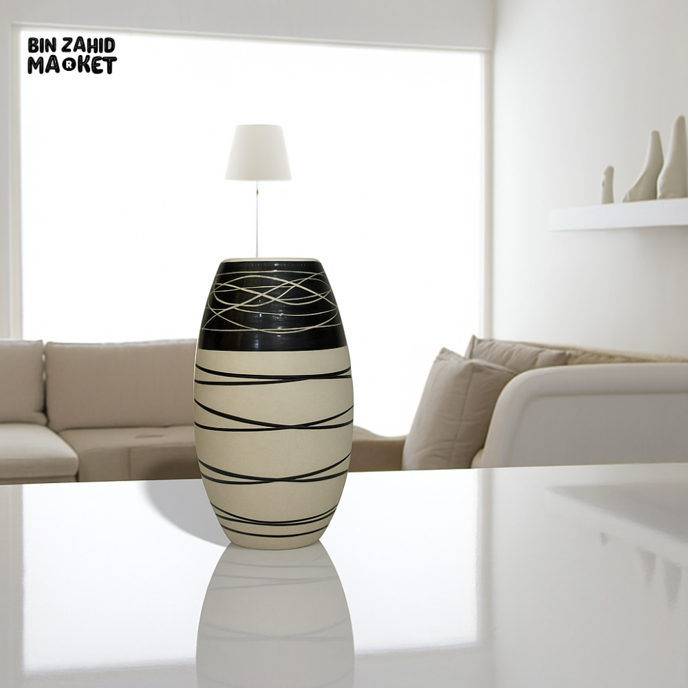 MODERN CERAMIC VASE SET – BLACK & BEIGE ABSTRACT STRIPE DESIGN MEDIUM