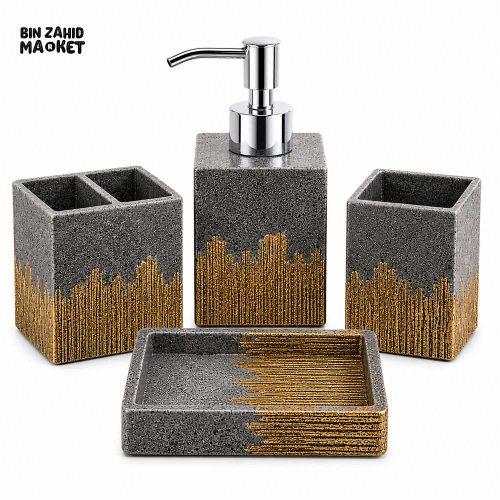 MODERN CHARCOAL & GOLD BATHROOM ACCESSORIES SET – 4 PIECES