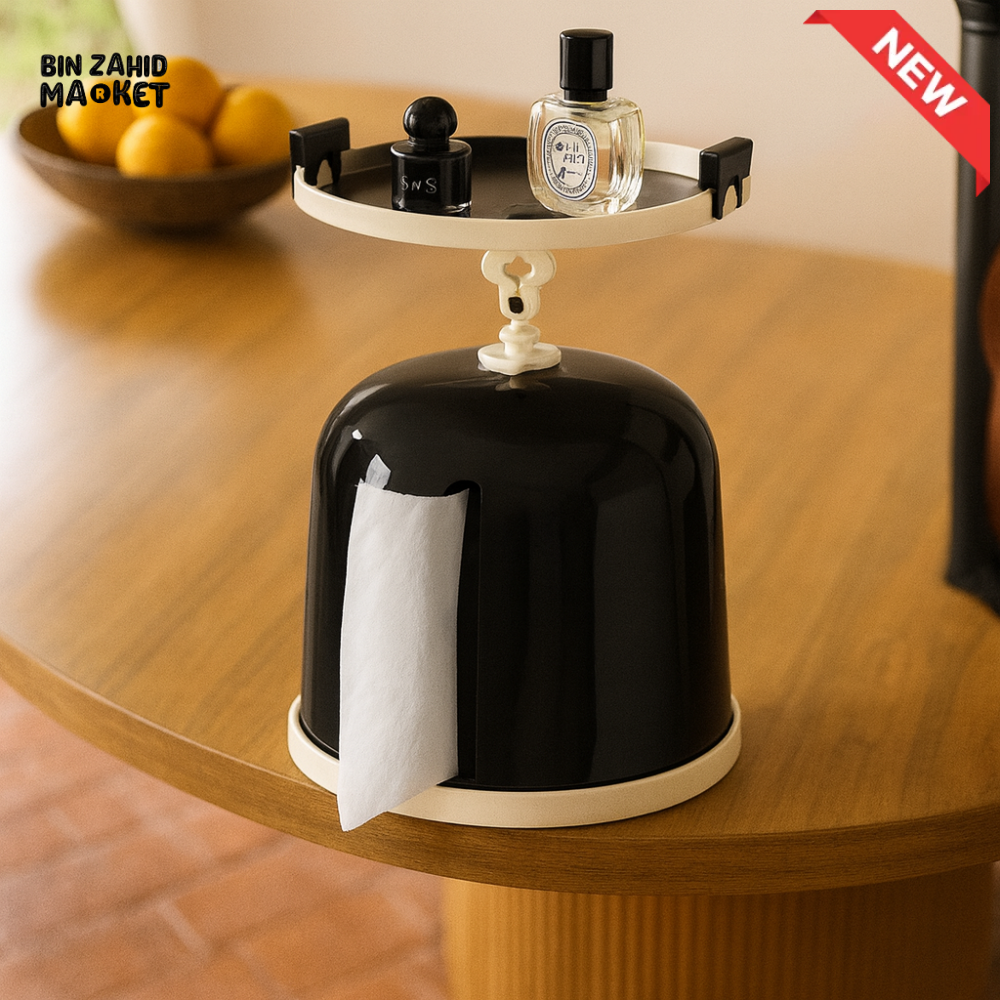 MODERN DESKTOP TISSUE HOLDER WITH STORAGE TRAY – PERFUME & ACCESSORY ORGANIZER - BLACK