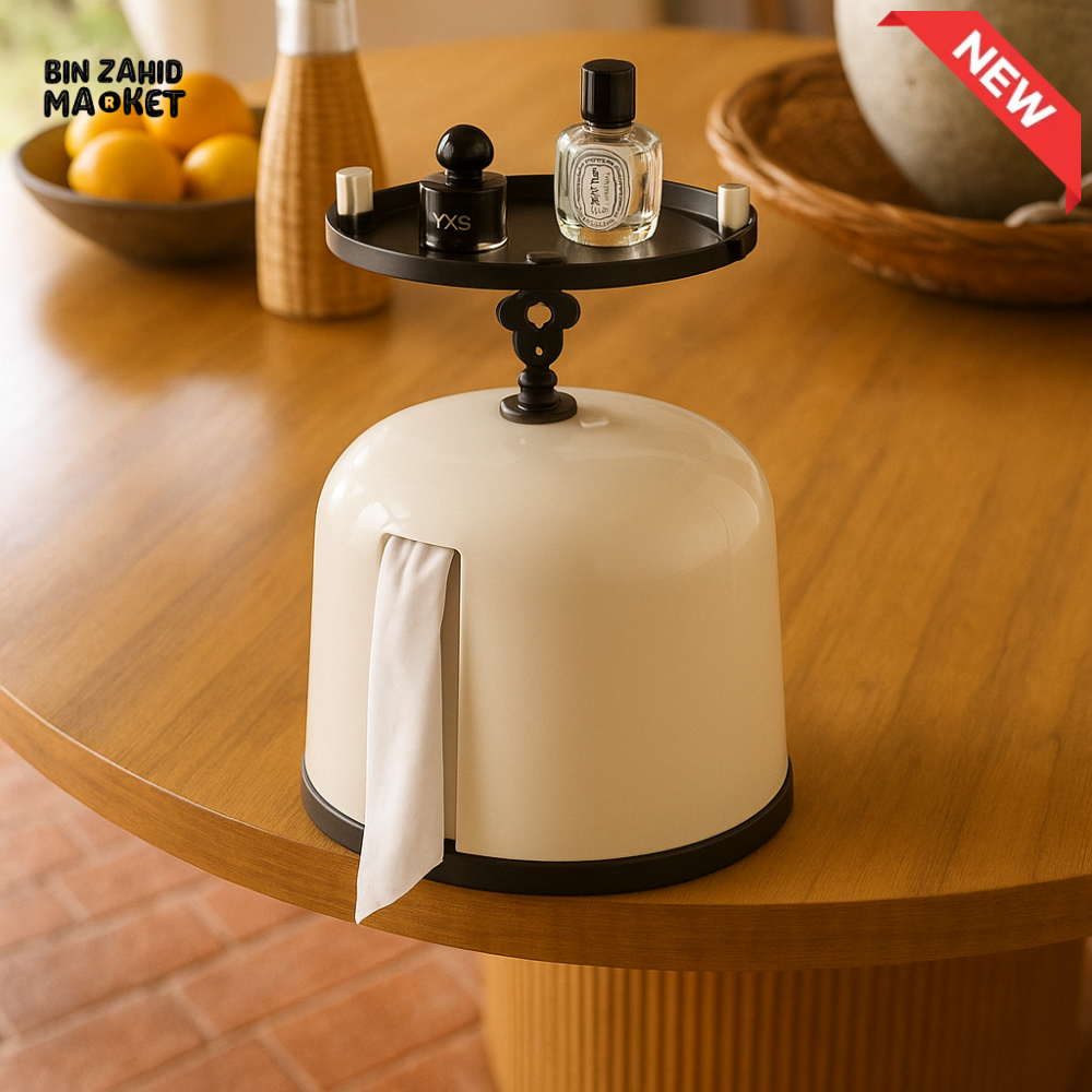 MODERN DESKTOP TISSUE HOLDER WITH STORAGE TRAY – PERFUME & ACCESSORY ORGANIZER - WHITE