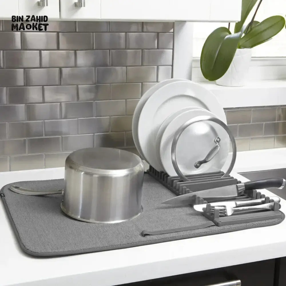 MODERN DISH DRYING RACK WITH MICROFIBRE MAT