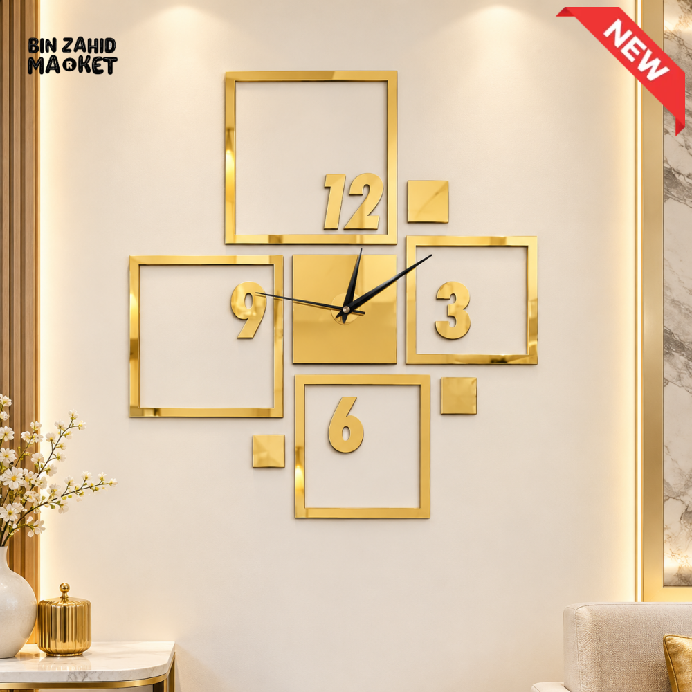 MODERN GOLD GEOMETRIC SQUARE WALL CLOCK