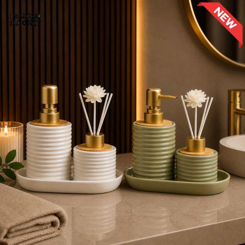 MODERN LUXURY PORCELAIN SOAP DISPENSER & DIFFUSER VANITY SET WITH DECORATIVE TRAY - BP-02