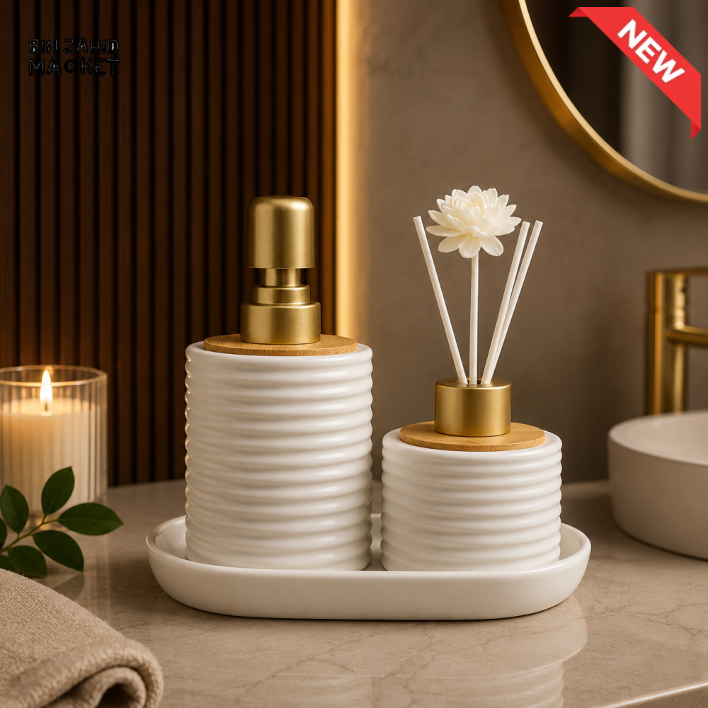 MODERN LUXURY PORCELAIN SOAP DISPENSER & DIFFUSER VANITY SET WITH DECORATIVE TRAY - BP-02 - White