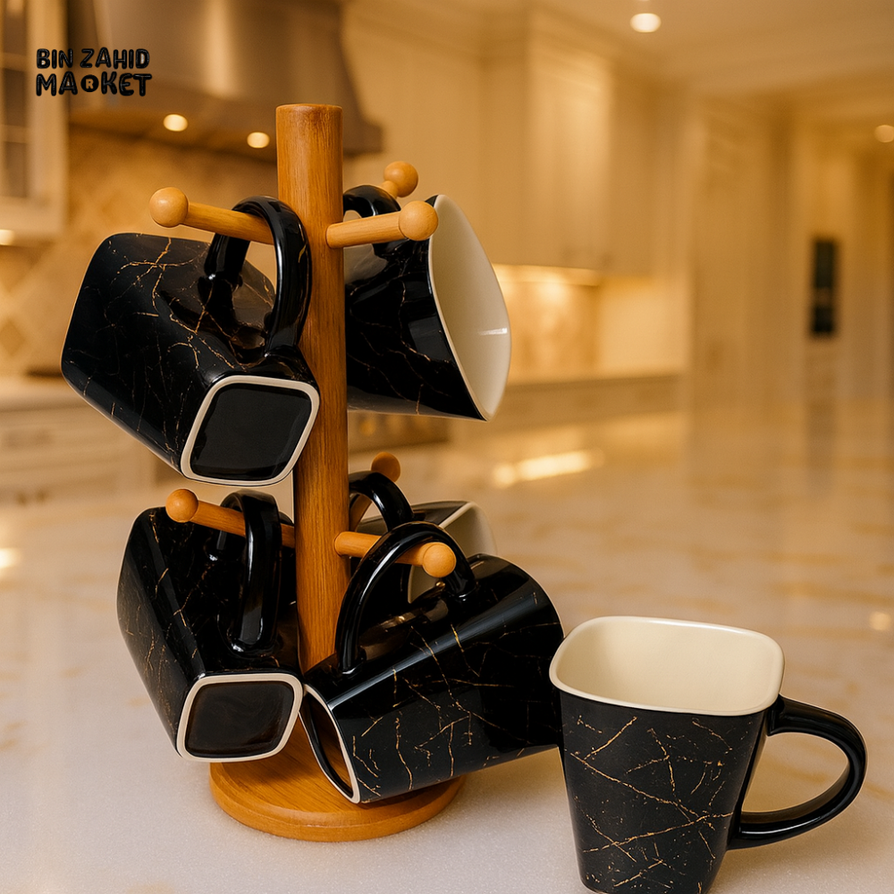 MODERN MARBLE COFFEE TEA MUGS – 6PIECES WITH COUNTERTOP TREE STAND - BLACK
