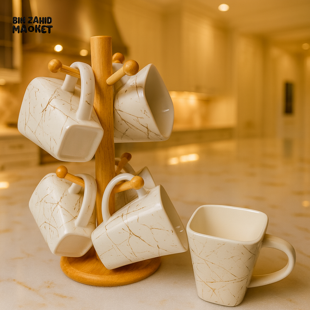 MODERN MARBLE COFFEE TEA MUGS – 6PIECES WITH COUNTERTOP TREE STAND - WHITE