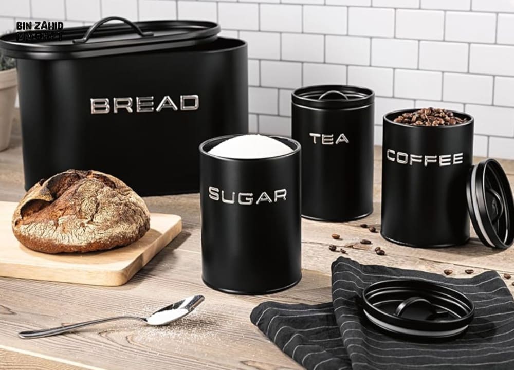 MODERN METAL BREAD BOX STORAGE SET WITH SUGAR TEA & COFFEE CANISTERS – KITCHEN COUNTER ORGANIZER SET
