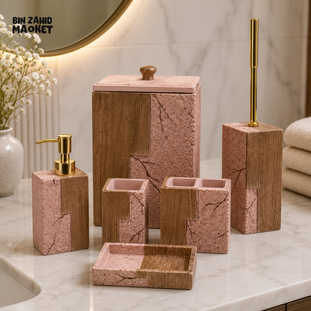 MODERN PINK & WOOD TEXTURED CERAMIC BATHROOM ACCESSORIES SET – 6 PIECES