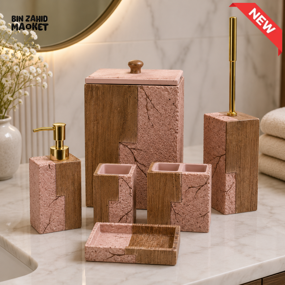 MODERN PINK & WOOD TEXTURED CERAMIC BATHROOM ACCESSORIES SET – 6 PIECES