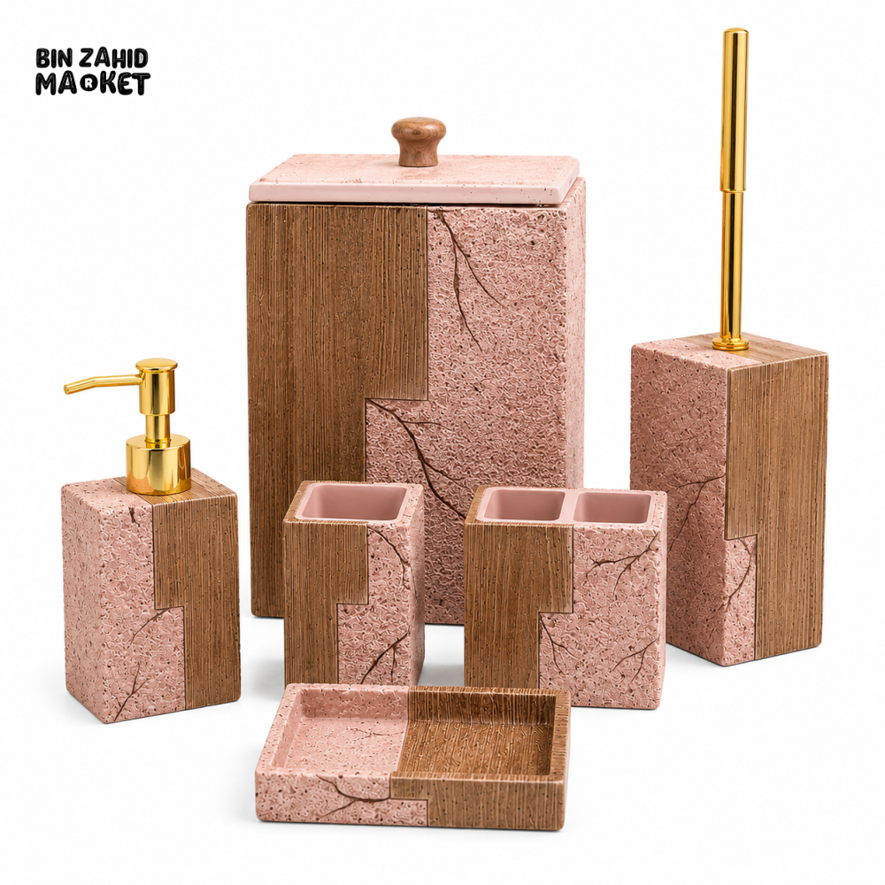 MODERN PINK & WOOD TEXTURED CERAMIC BATHROOM ACCESSORIES SET – 6 PIECES