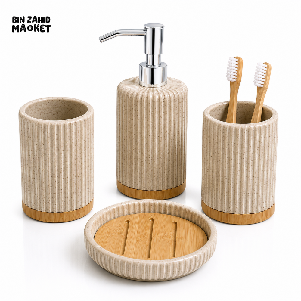 MODERN RIBBED CERAMIC BATHROOM ACCESSORIES SET WITH BAMBOO BASE – 4 PIECES