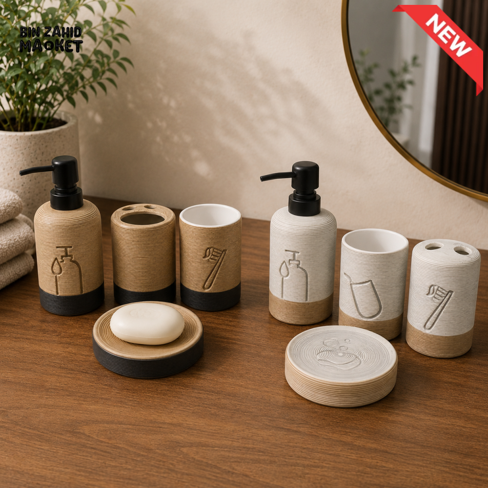 MODERN RIBBED CERAMIC BATHROOM ORGANIZER SET