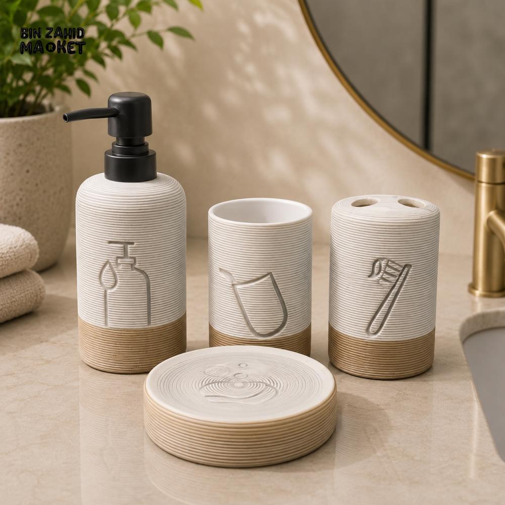 MODERN RIBBED CERAMIC BATHROOM ORGANIZER SET - STONE WHITE