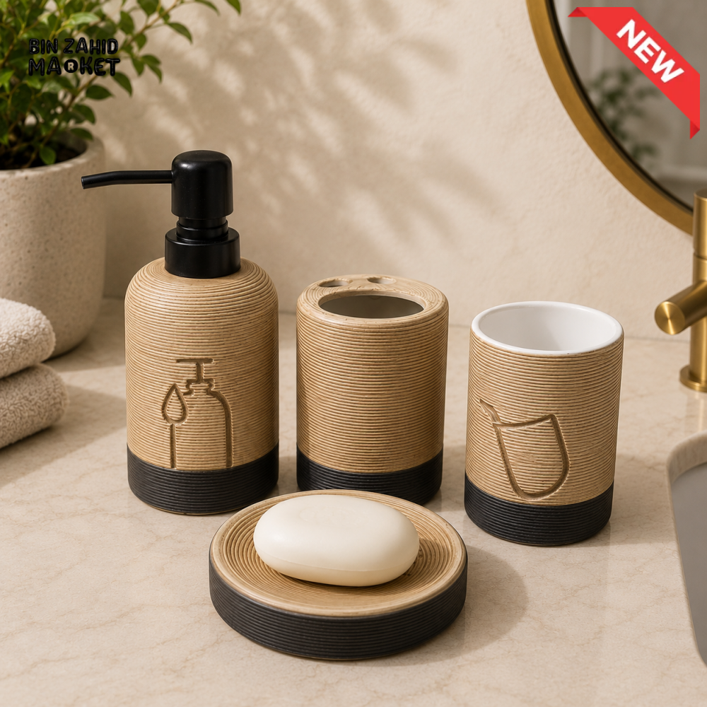 MODERN RIBBED CERAMIC BATHROOM ORGANIZER SET - WARM SAND