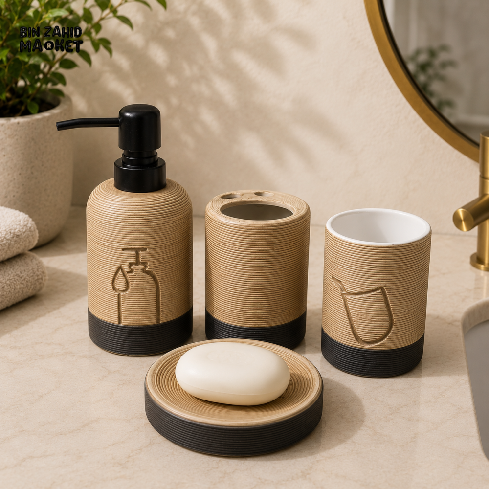 MODERN RIBBED CERAMIC BATHROOM ORGANIZER SET - WARM SAND