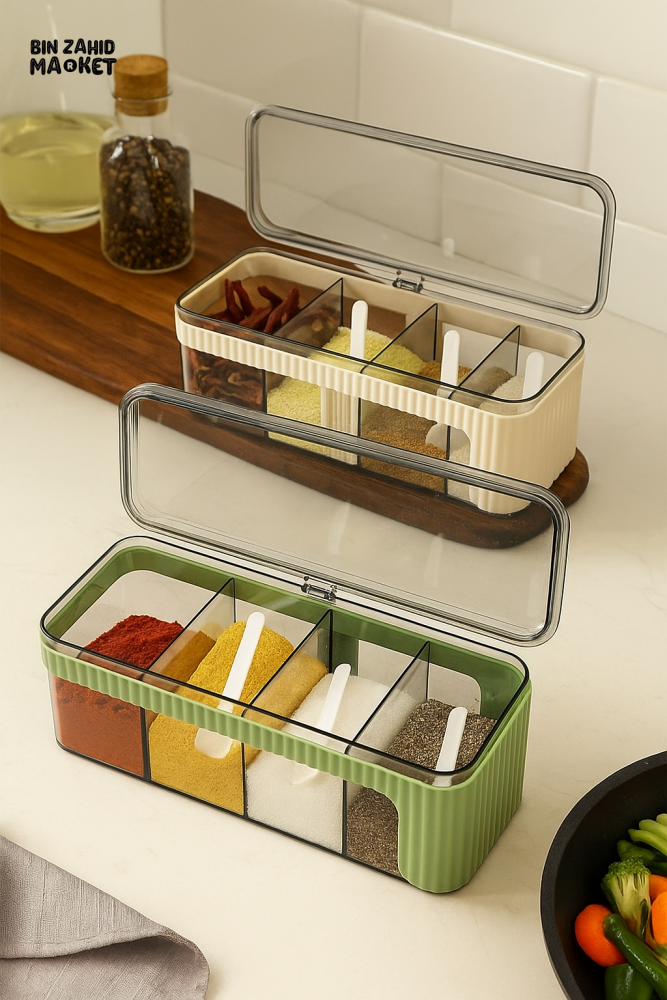 MODERN SPICE STORAGE BOX – MULTI-SECTION CONDIMENT JAR SET WITH TRANSPARENT LID