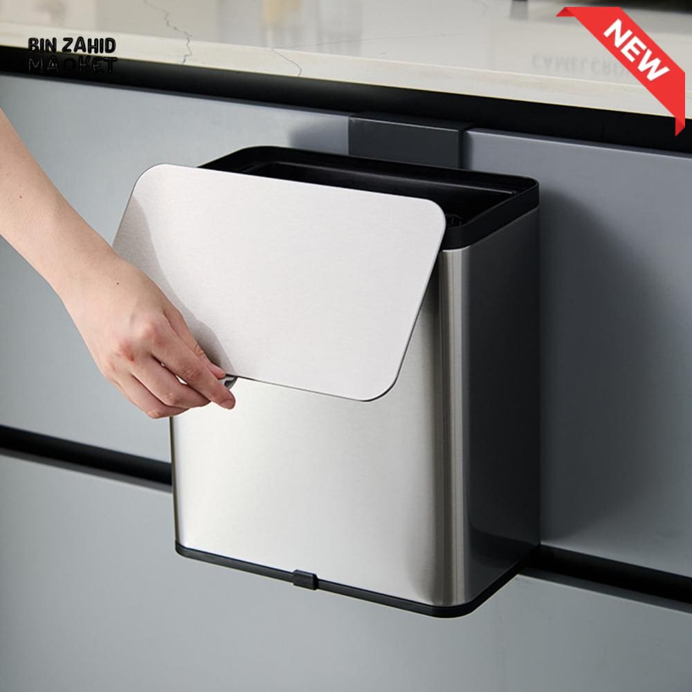 MODERN STAINLESS STEEL HANGING KITCHEN TRASH CAN – WALL & CABINET MOUNT COMPOST BIN WITH LID