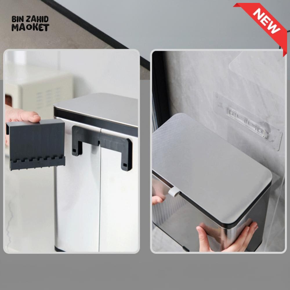 MODERN STAINLESS STEEL HANGING KITCHEN TRASH CAN – WALL & CABINET MOUNT COMPOST BIN WITH LID