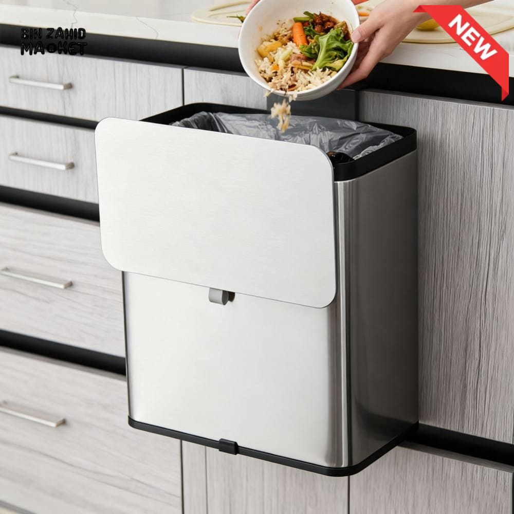 MODERN STAINLESS STEEL HANGING KITCHEN TRASH CAN – WALL & CABINET MOUNT COMPOST BIN WITH LID
