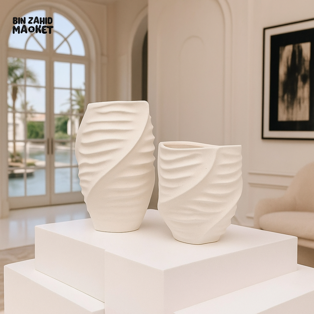 MODERN WHITE CERAMIC VASE SET – SCULPTED TEXTURE HOME DECOR