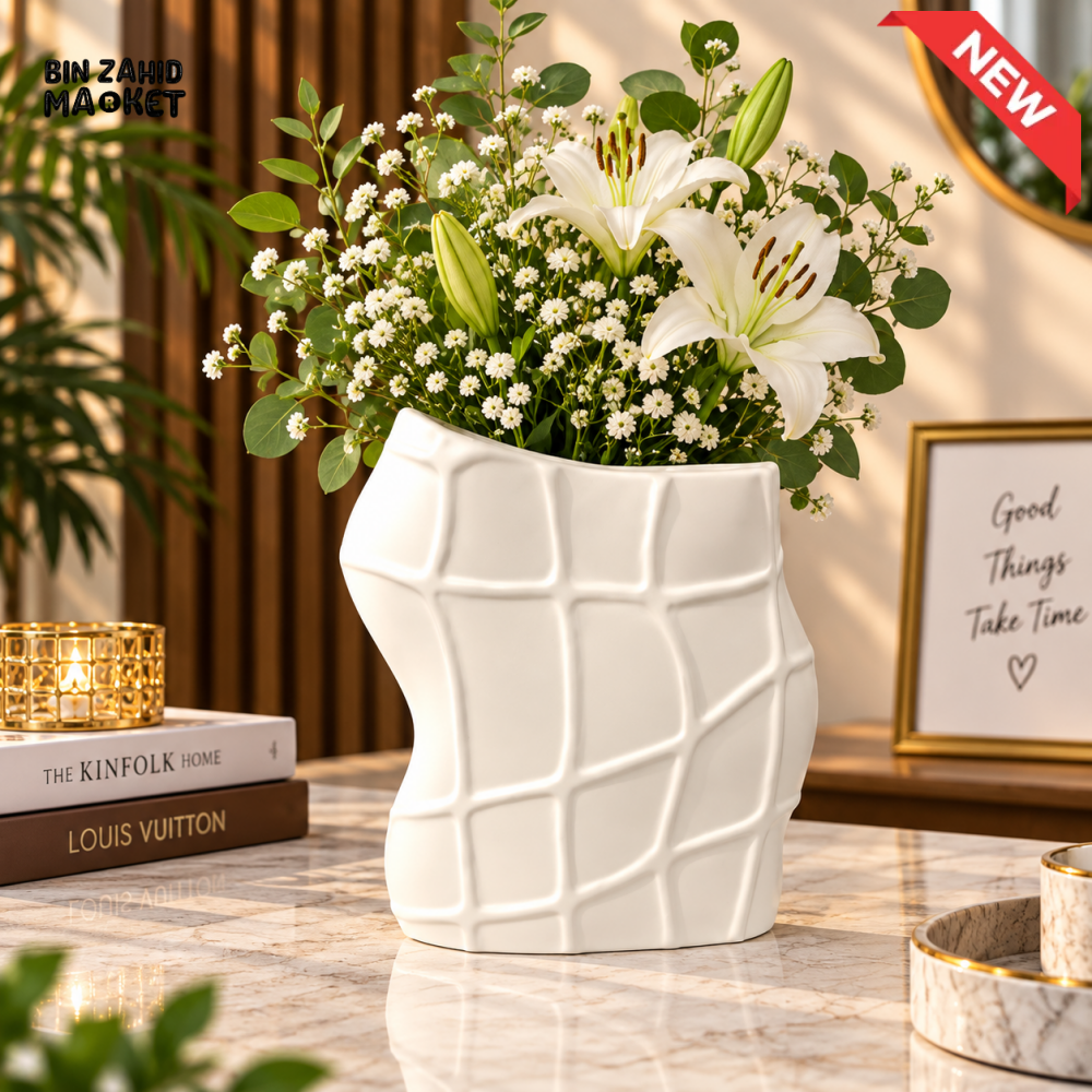 MODERN WHITE IRREGULAR GRID TEXTURED CERAMIC DECORATIVE FLOWER VASE