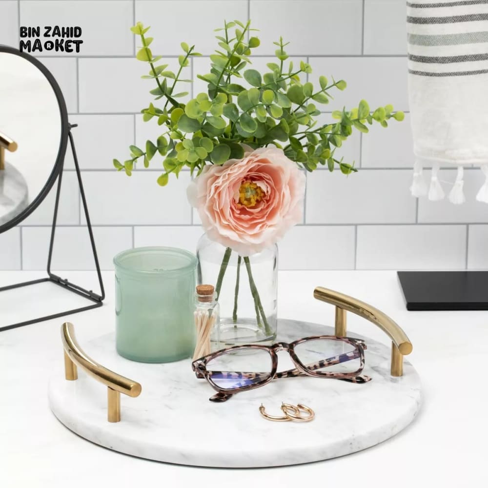 MODERN WHITE MARBLE TRAY WITH GOLD HANDLE