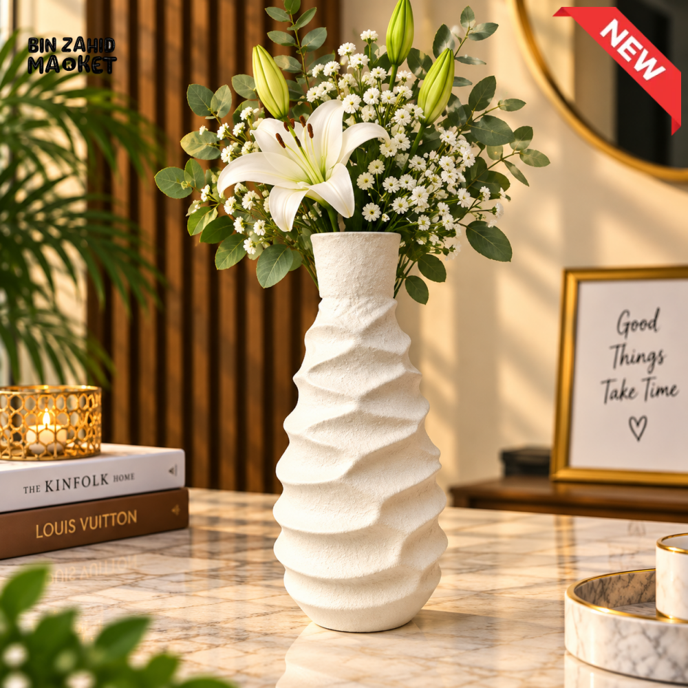 MODERN WHITE SPIRAL WAVE TEXTURED CERAMIC DECORATIVE FLOWER VASE