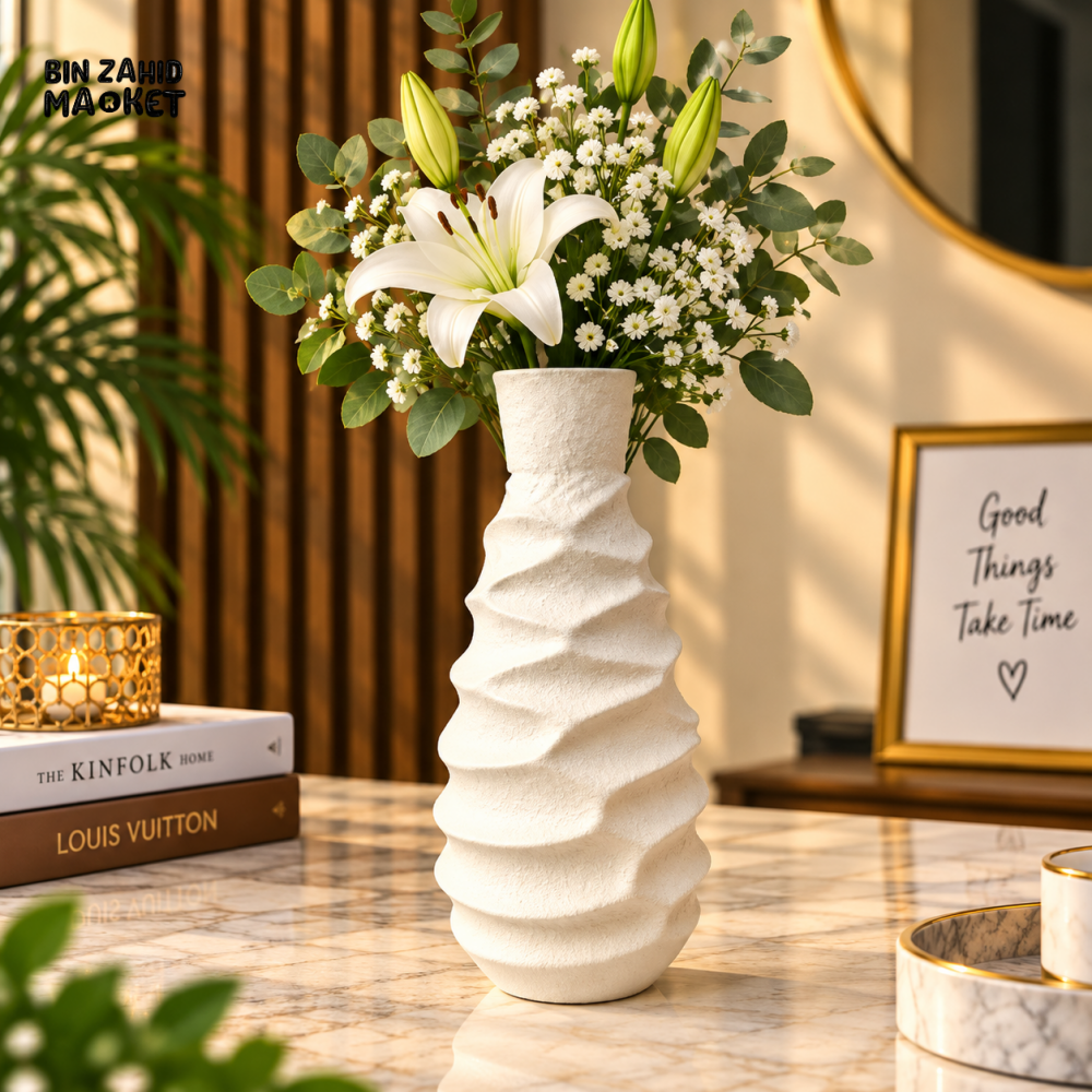 MODERN WHITE SPIRAL WAVE TEXTURED CERAMIC DECORATIVE FLOWER VASE