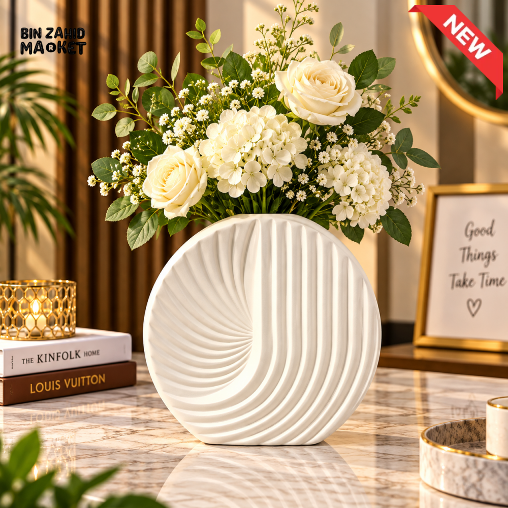 MODERN WHITE SWIRL RIPPLE DESIGN CERAMIC DECORATIVE FLOWER VASE