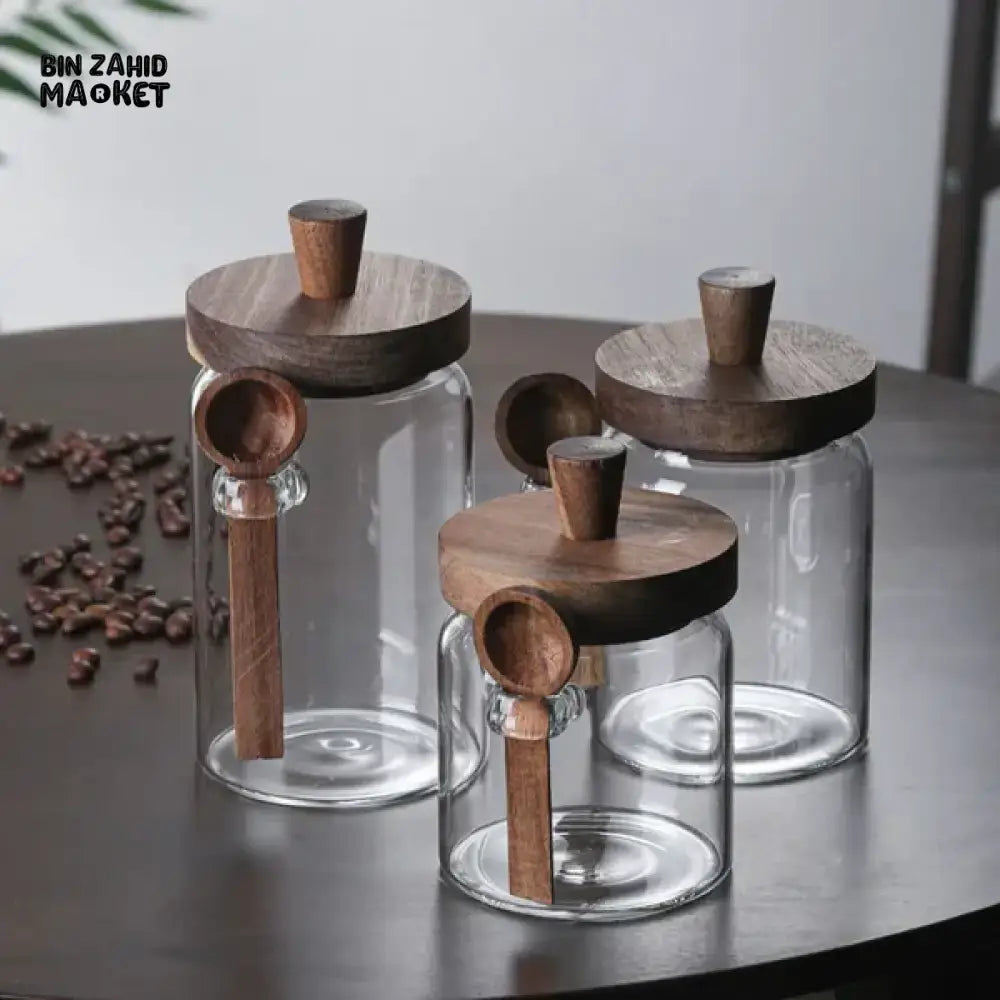 MOISTURE-RESISTANT GLASS CANISTER – WOODEN LID & SPOON FOR KITCHEN STORAGE