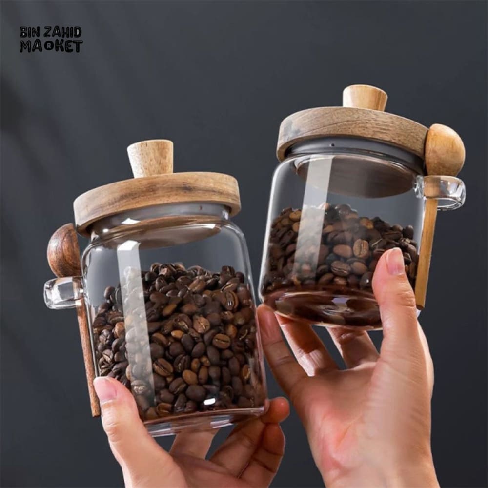 MOISTURE-RESISTANT GLASS CANISTER – WOODEN LID & SPOON FOR KITCHEN STORAGE