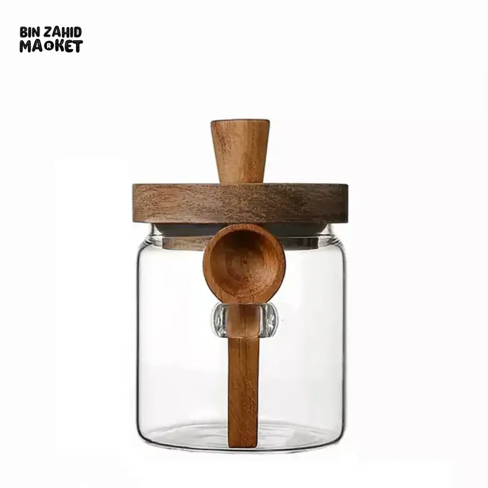 MOISTURE-RESISTANT GLASS CANISTER – WOODEN LID & SPOON FOR KITCHEN STORAGE 500ml