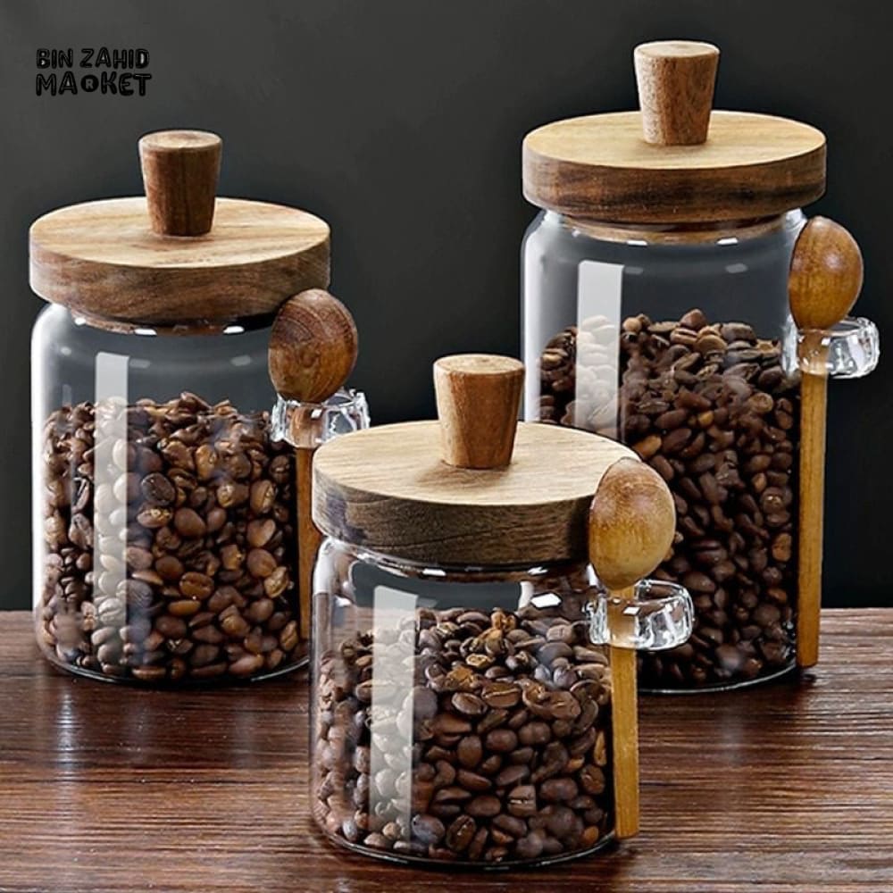 MOISTURE-RESISTANT GLASS CANISTER – WOODEN LID & SPOON FOR KITCHEN STORAGE